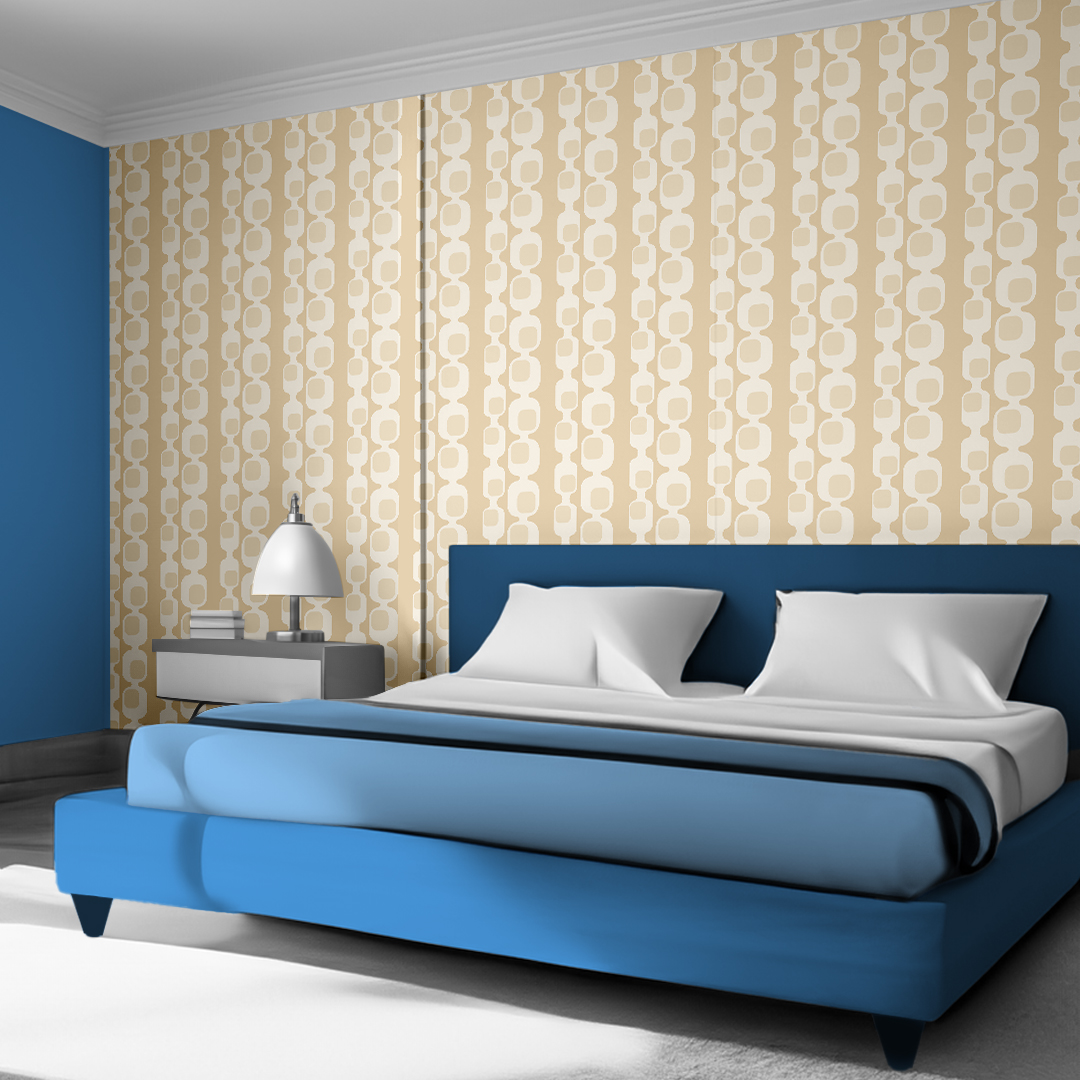 The artwork features a repeating geometric pattern of symmetrical shapes resembling elongated, curved diamonds or petals in various shades of blue and green. Each shape is split vertically with one half filled with a light blue and the other half filled with green or darker blue. The background is a light, almost pastel blue, which provides a soft yet vibrant backdrop. One of the blue shapes near the upper left contains a white starburst element, adding a focal point of brightness to the composition. The overall design conveys a modern, mid-century aesthetic with clean lines and harmonious color contrasts.